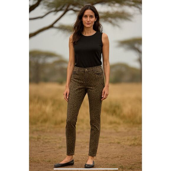 PER SE BY CARLISLE ANIMAL PRINT JEANS SLIM STRAIGHT CHEETAH LEOPARD CHIC 12 - Picture 1 of 12